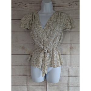 Sweet Rain Women’s Ruffled Short Sleeve Peplum Blouse Floral Front Tie Size S